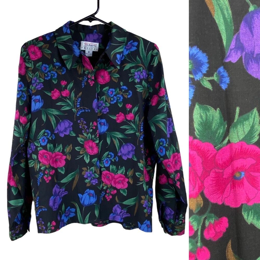 Vintage Talbots Womens Dark Floral Long Sleeve Button Front Shirt Size 8 petite